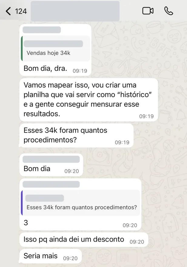 Cliente no grupo com a NSM: vendas hoje 34k, em 3 procedimentos