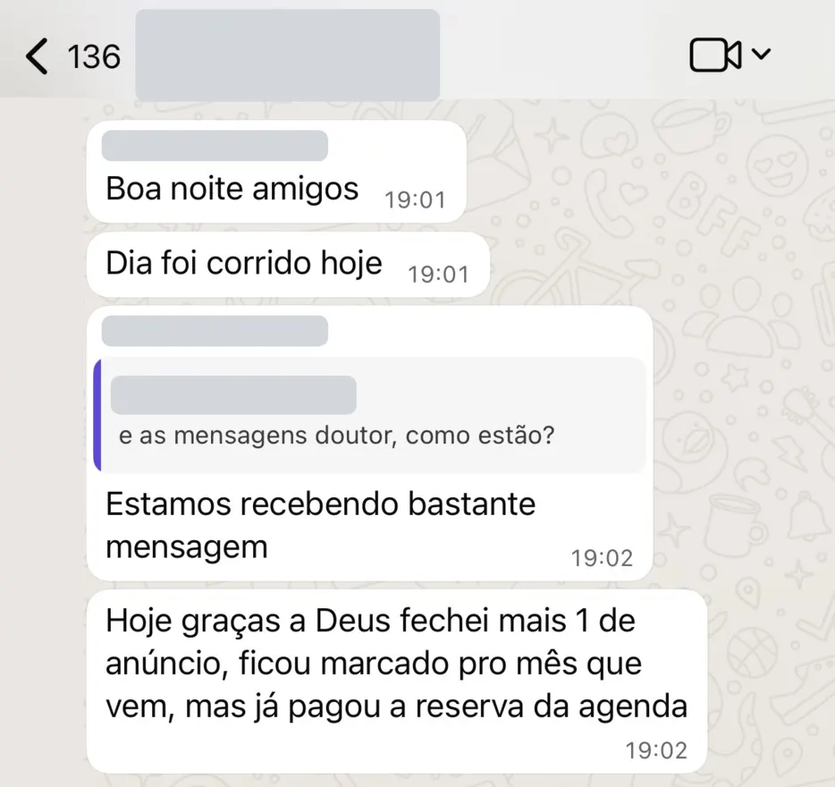 Cliente no grupo com a NSM: hoje fechei mais 1 de anúncio, já pagou a reserva da agenda
